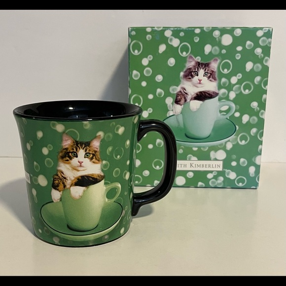 Keith Kimberlin Cat In Cup Coffee Cup Mug Green With Bubbles Original Box - Picture 1 of 8